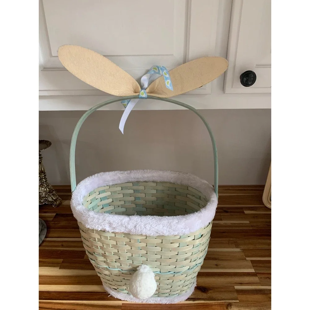 Vintage Woven Wood Easter Basket Bunny Ears Mint Green Cottagecore Fairycore Y2K